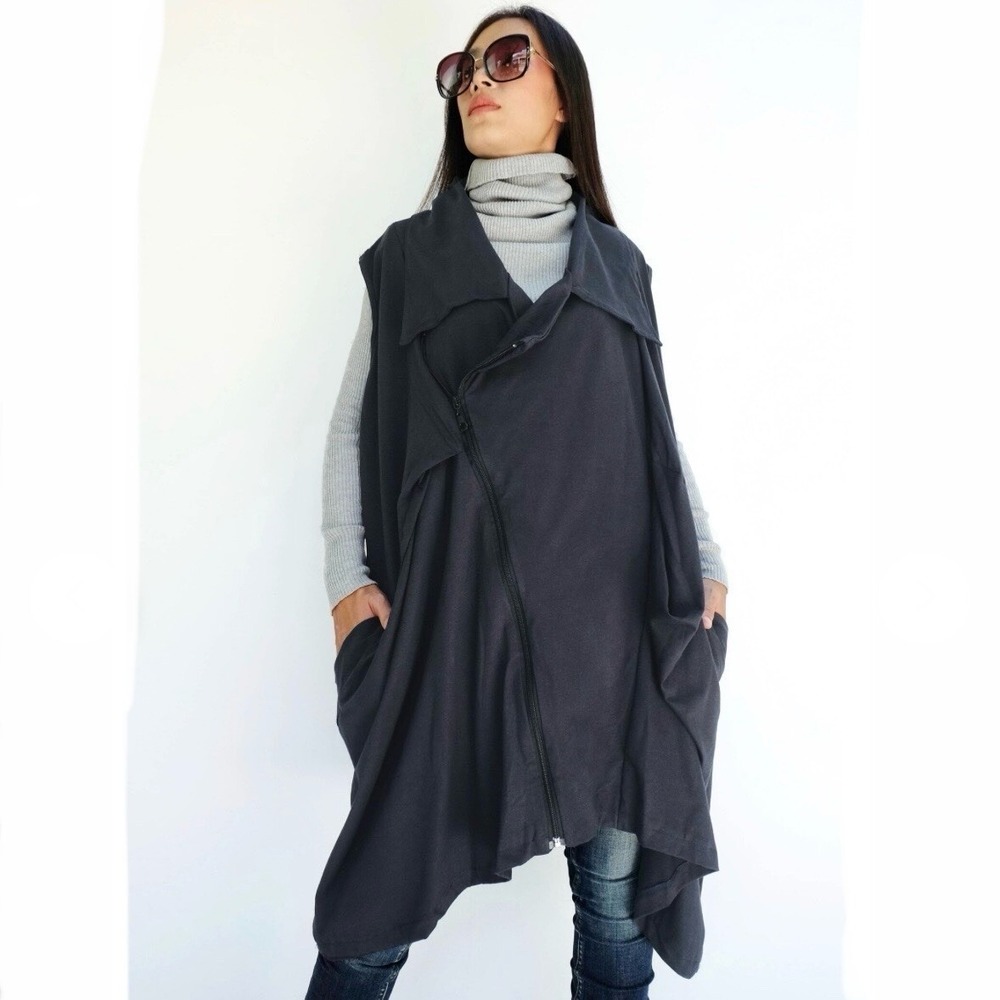 Joozie Cotton Black Asymmetrical Zip Vest Lagenlook Avant Garde Grunge Goth